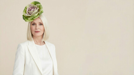 Elegant silver-haired woman wearing white suit with cabbage fascinator on a white studio background