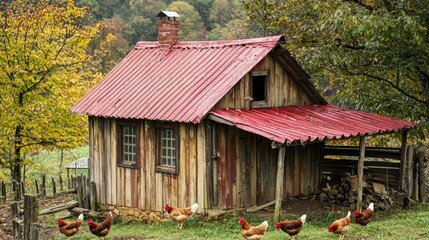 A vintage-style henhouse on a small farmyard with a red roof and a few curious hens wandering outside