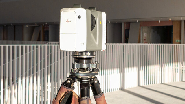 Surveying laser scanner. Lidar when scanning a room. Modern geodetic equipment. High quality 4k footage