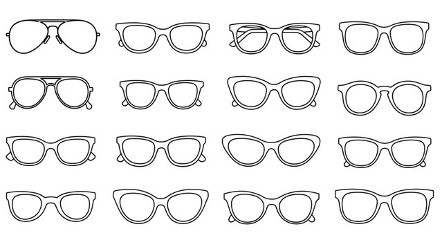 Set of different glasses and sunglasses frames shown in black and white line art for fashion and eyewear design.