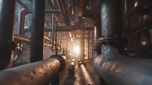 Industrial steam pipes emit a misty haze in a dark, cavernous, mechanical space