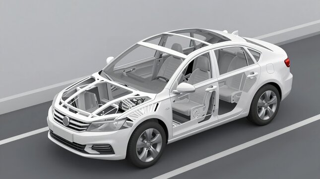 A white car with its body panels removed is parked on a gray road