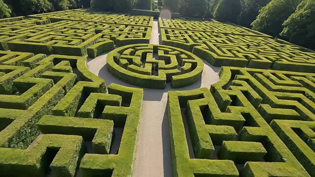 Expansive manicured green hedge maze with winding paths and trees in background
