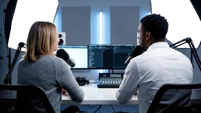 Rear cinematic view inside modern podcast studio two hosts seated at sleek desk recording conversation bright softbox key lighting LED panels illuminating background minimal white and gray interior de