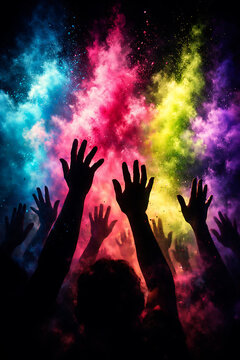Silhouettes of raised hands reaching up into a spectacular vibrant explosion of mixed holi powder colors celebrating the traditional indian spring festival of dola purnima