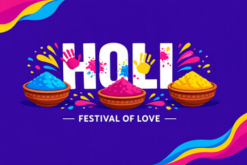 Colorful flat design illustration on a purple background showing traditional clay pots filled with bright holi powder and handprints to celebrate the joyful dola purnima