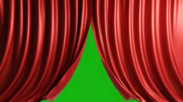 Red silk theater curtains opening to reveal a green screen background with dolly motion
