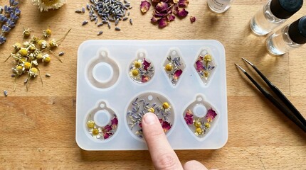 Top Down Detail of Thumb Pressing Delicate Dried Flowers into Clear Resin Casting Mold for Botanical Jewelry Making