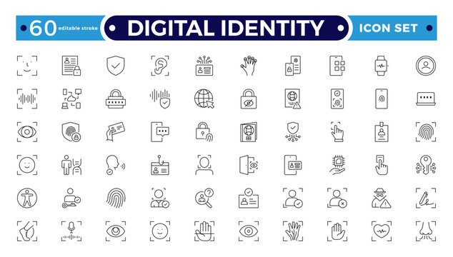 Digital Identity outline icon set. Biometrics security vector symbols. MFA digital identity protection. Fingerprint face scan key. Cyber safety data access login lock shield. Editable stroke outline 
