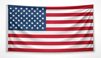 USA Flag Hanging on White Wall with Stars and Stripes for Patriotic Holidays. American Flag Background for Memorial Day and Independence Day July 4th © HridoyAhammed