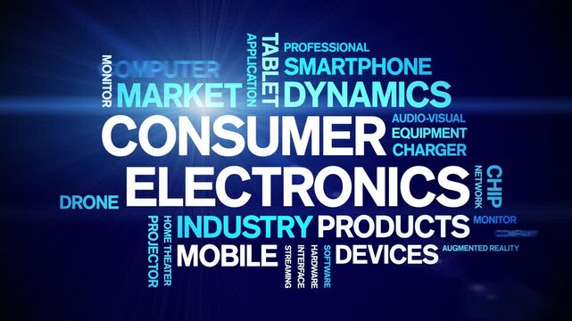 Consumer Electronics animated word cloud-gross domestic product animation tag kinetic typography seamless loop.