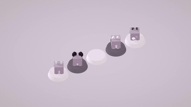 Isometric 3D illustration of stylized robot mascots placed on circular platforms arranged diagonally in a soft pastel environment with clean minimal design