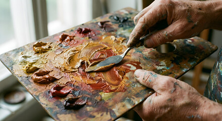 Macro photograph of artist hands mixing thick impasto oil paints on a wooden palette with a knife.