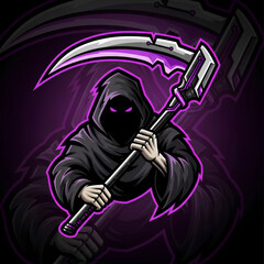 A dark hooded figure, representing death or a grim reaper, holding a large scythe with a purple glowing blade.