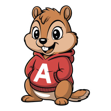 A cheerful brown chipmunk with large eyes and a big smile sits on the ground wearing a red hoodie with a white letter A on it
