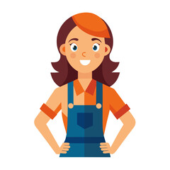 Fototapeta premium Cheerful cartoon woman with brown hair wearing orange shirt and blue overalls smiling with hands on hips