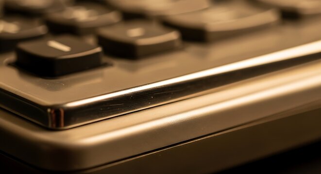 Close-up view of a sleek keyboard corner with metallic finish and dark keys