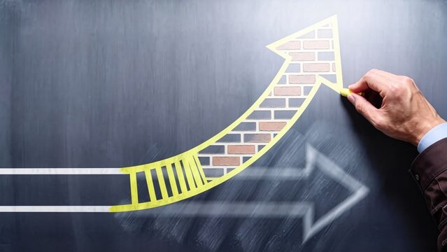 Hand drawing upward arrow breaking brick wall barrier,business growth strategy and overcoming challenges concept,financial success and long term development vision