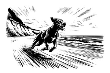 Dog is running on the beach. The dog is black and white. The dog is running towards the ocean