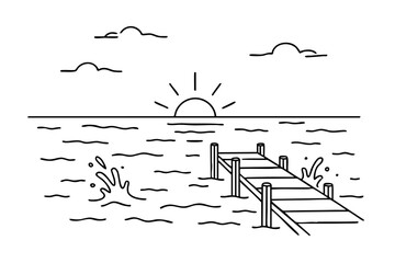 Dock is shown on the water with the sun rising in the background. The dock is empty and the water is calm