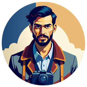 Portrait of a stylish bearded man with camera and jacket in modern graphic style, half-colored background with geometric elements