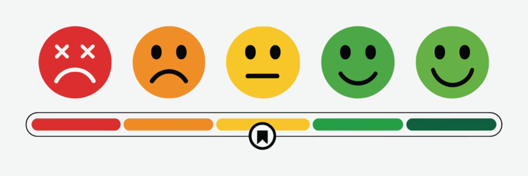 Colorful Feedback Scale with Five Emoticons from Sad to Happy and Rating Slider, Customer Satisfaction Survey Icons for Reviews and User Experience Metrics