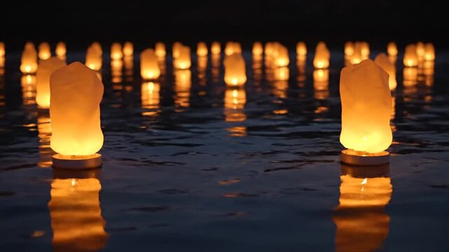 Floating Lanterns on Water at Night - Peaceful Reflection