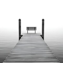 Obraz premium Black and white wooden pier with empty bench over calm water minimalist mood