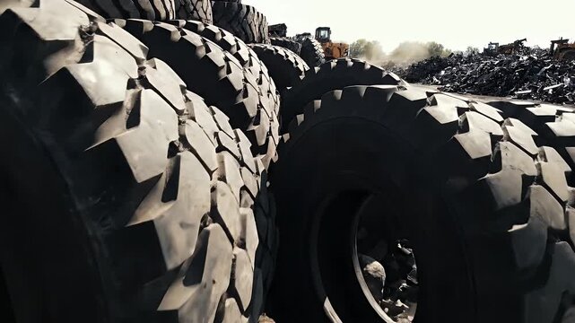 Close up on a pile of large, heavy-duty tires in a junkyard
