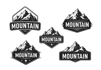 Vintage Mountain Logo Set in Black and White Engraving Style