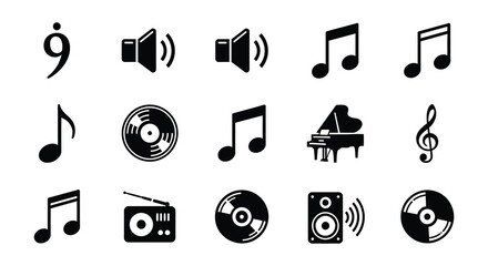 Collection of black music symbols instruments and audio equipment icons © MdNirob