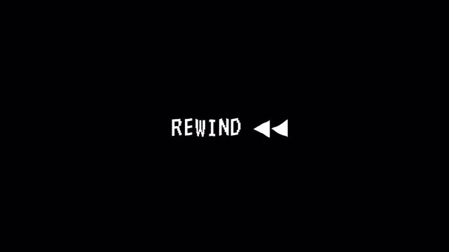The effect of a large arrow rewinding a VHS tape in the middle of the screen on a 4K black screen. Static spots and screen hiss.