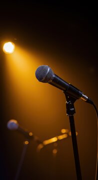Stage microphones stand ready under warm spotlights, waiting for vocalists to provide harmonious performance support, sound, acoustic, preparation