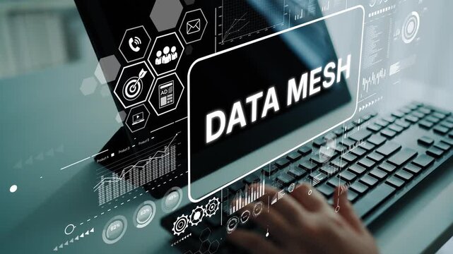 Business Concept of Data Mesh with Modern Technology and Digital Interface on Screen. Asymptotic smart data analytic.