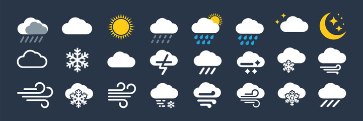 Obraz premium Flat Weather Icons Set on Dark Background with Sun, Clouds, Rain, Snow, Wind, Thunder, Temperature, Moon and Humidity Symbols for App UI and Forecast Design