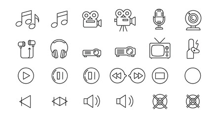 Fototapeta premium Collection of various black and white multimedia and audio icons