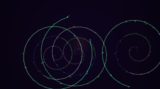 A digital spiral pattern rotating in a dark environment viewed from a straightforward perspective
