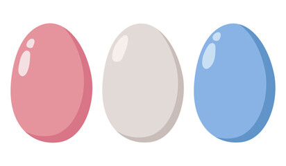 Fototapeta premium Cartoon illustration of three glossy eggs in pastel colors, pink, gray, and blue, with shiny highlights and shadows, perfect for Easter and spring decoration themes