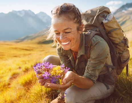 Young Woman Hiker Discovering Alpine Wildflowers on Mountain Trail %E2%80%93 Nature Wonder