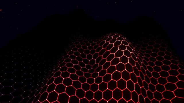 Futuristic glowing red hexagonal grid pattern dynamically flowing across a dark virtual landscape with subtle distant stars