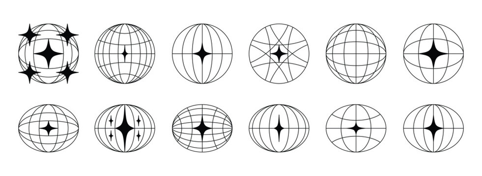World globe retro grids in oval and round form with stars icons set. earth latitude and longitude line grid. futuristic design elements.