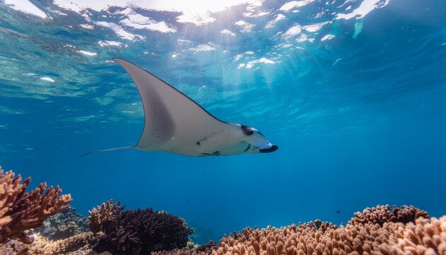 Potret seekor ikan pari di laut biru