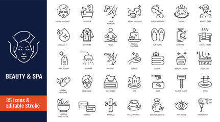 Fototapeta premium beauty and spa icon set. Icons related to cosmetics, cosmetology, skin care, spa treatments, massage, skin care and more. Outline icon with Editable stroke. Vector illustration