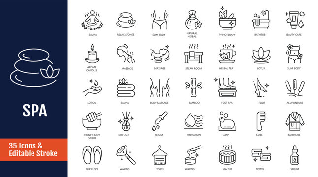 Spa icon set. Outline icon with Editable stroke. Vector illustration