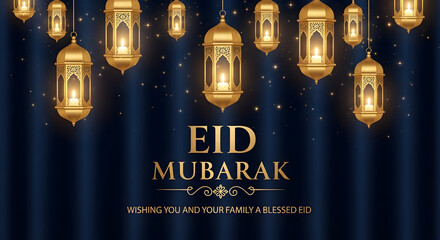 Eid Mubarak greeting card with golden lanterns on dark blue starry background