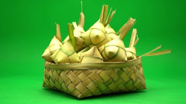 Ketupat or rice dumplings in a woven bamboo basket on a green background