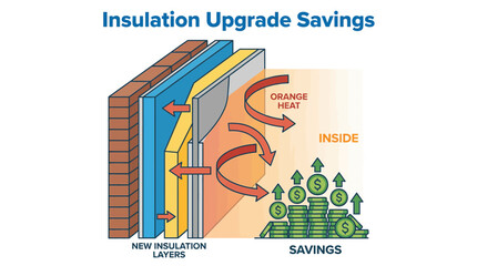 Naklejka premium Home insulation upgrade savings infographic, thermal barrier heat loss reduction and energy efficiency concept vector