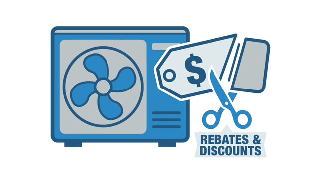 Heat pump and HVAC rebates and discounts concept, air conditioner unit with price tag cut by scissors vector