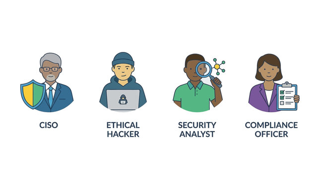 Cybersecurity team roles icon set, CISO ethical hacker security analyst and compliance officer vector