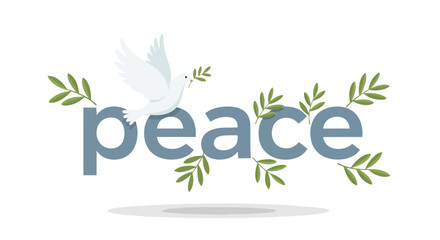 Fototapeta premium White dove flying above the word peace with olive branches symbolizing global unity and quietude